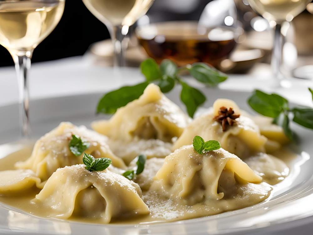 Ravioli gefüllt mit Birne und Ricotta, serviert in einer Butter ...